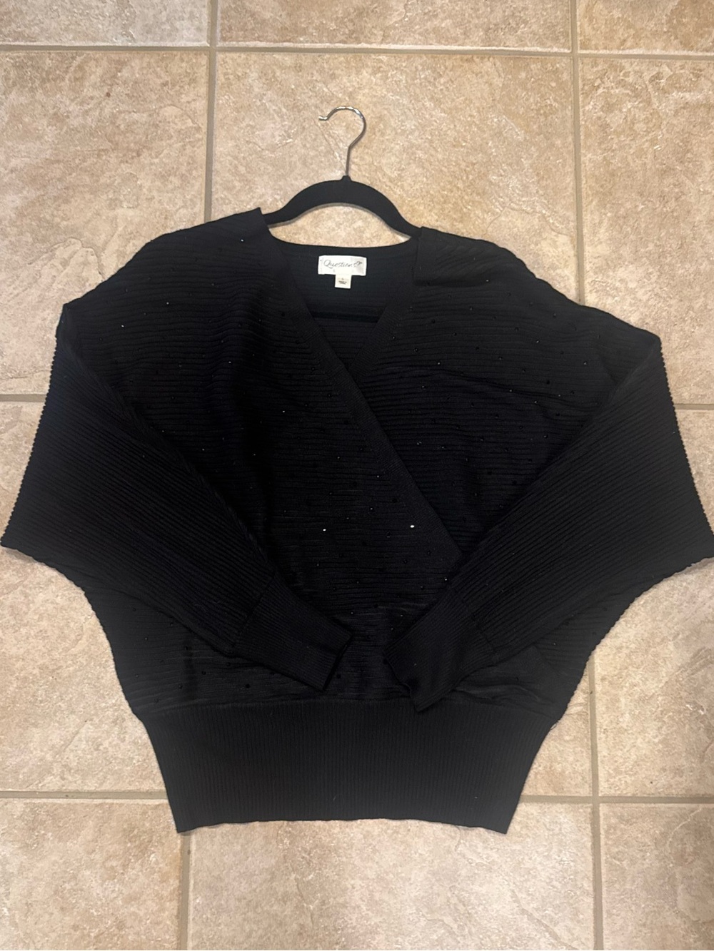 Black Sparkle V-Neck Ribbed Wrap Sweater